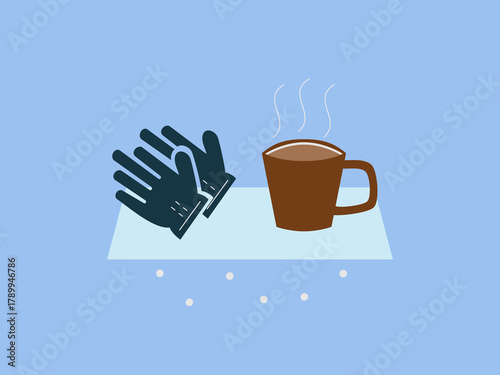 A pair of dark blue winter gloves rests next to a brown mug of steaming hot beverage