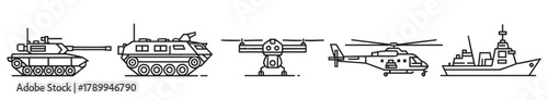 Military vehicle icon set with various army equipment. Collection includes a tank, armored personnel carrier, drone, helicopter, and warship for graphic design projects
