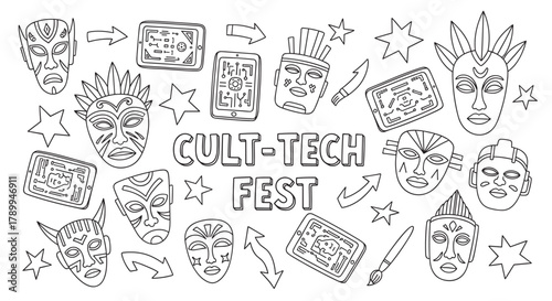 Monochrome doodle collection for a cult tech fest concept. Hand drawn set of tribal masks, circuit board tablets, and stars for a creative technology event or banner