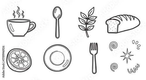 Collection of hand drawn breakfast food and kitchen utensil icons. Minimalist line art set with a coffee cup, bread, lemon, plate, fork and spoon for cafe menu design
