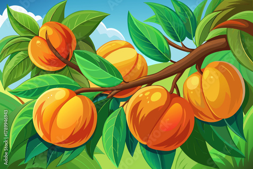 Golden peaches ripening on tree branch with fuzzy skin and green leaves in sunlight