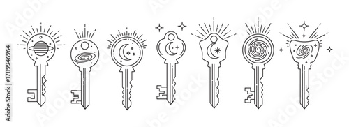 Magic celestial keys collection with cosmic symbols like the moon, planet, and galaxy. Esoteric line art icons for spiritual, witchcraft, or astrology concepts and tattoo design