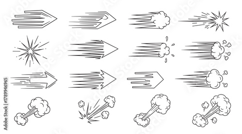Set of cartoon motion lines and speed trail icons. Hand drawn doodle elements showing fast movement and action. Graphic design assets for expressing velocity and impact