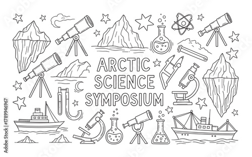 Arctic science symposium doodle set with research and exploration icons. Hand drawn collection of polar expedition elements like icebergs, ships and laboratory equipment