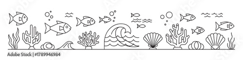 Marine life icon set with fish, coral, and shells in a simple line art style. Underwater ocean scene with aquatic elements for a decorative border or banner design