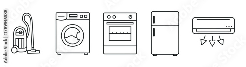 Household equipment and kitchen appliances line icon collection. Simple outline symbols for vacuum, washer, stove, fridge and air conditioner for web or mobile app design