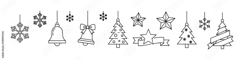 Fototapeta premium Christmas holiday icon set with winter decoration elements. Minimal line art collection of snowflake, bell, star, and tree symbols for festive new year greeting card design