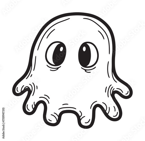 A friendly ghost spirit in a simple hand drawn style. Minimalist black outline icon perfect for halloween decorations, stickers, or children's coloring book pages