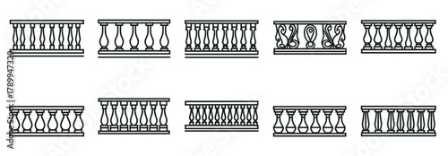 Collection of balustrade line icons showing different classic baluster styles. Set of decorative architectural fence and banister elements for exterior or interior design