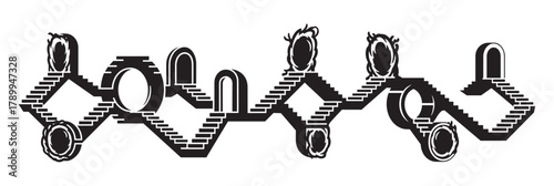 Surreal architectural maze with impossible stairs and magical portals. A conceptual graphic representing choice, journey, and the complexity of alternate dimensions or paths