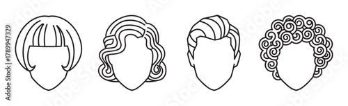 Set of faceless people icons with various hairstyles. Minimalist line art collection of male and female heads for avatars or profiles. Simple black and white graphic design elements