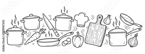 Hand drawn cooking utensils and food ingredients in a doodle sketch style. Kitchen equipment and vegetables arranged in a horizontal banner for culinary design