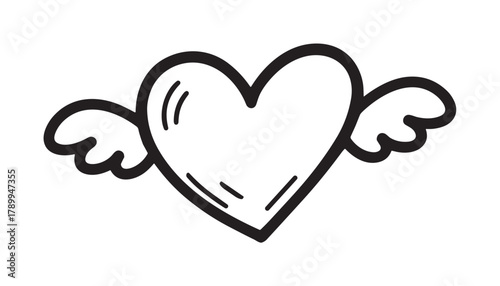Hand drawn heart with wings icon for valentine's day design. Simple black and white doodle of a flying heart symbol representing love, romance and affection