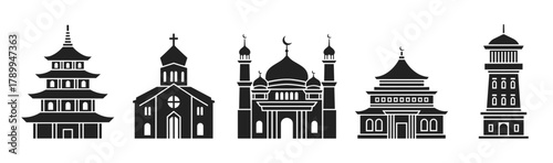 Religious buildings icon set with diverse cultural architecture. World faith symbols including a church, mosque, and pagoda for spiritual and travel concepts