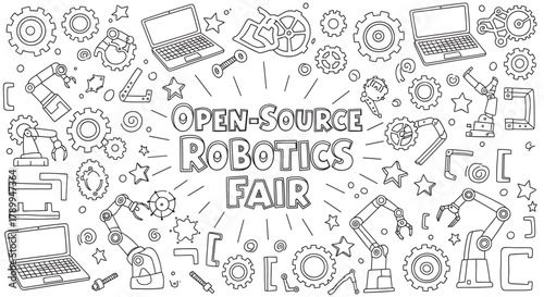 Open source robotics fair banner with hand drawn doodle elements. A collection of robot arms, gears, and laptops for a technology event or educational science project