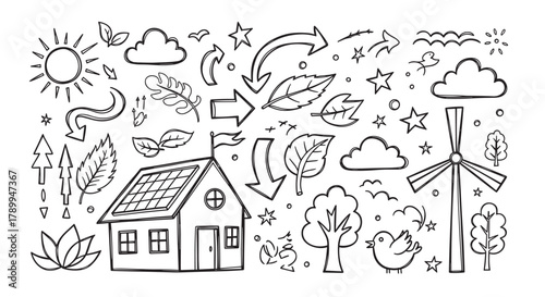 Hand drawn doodle set of ecology and renewable energy icons. Sustainable living concept with solar panels, a wind turbine, and nature elements for environmental design