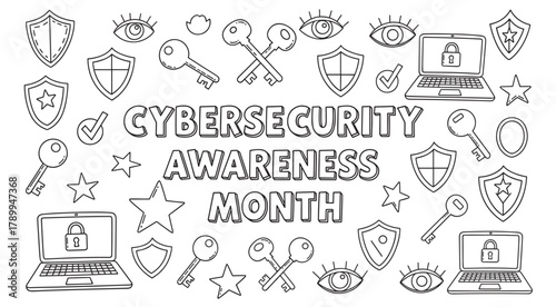 Cybersecurity awareness month concept with hand drawn doodle icons. Digital safety banner with laptop, shield and key symbols. Online data protection and internet privacy campaign