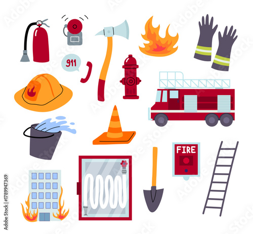 Cartoon Color Different Firefighters Elements Set Fire Department Concept Flat Design Style. Vector illustration of Extinguisher, Axe and Alarm