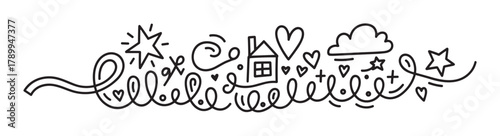 Hand drawn doodle banner with a house, hearts, and stars. Cozy home and sweet dreams concept in a simple line art style. Abstract decorative divider element for design