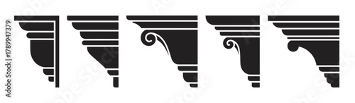 Collection of classic cornice profile shapes for architectural projects. Vintage decorative molding and plasterwork elements with elegant scroll details for interior design