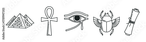 Ancient egypt icon set with traditional cultural symbols. Collection includes pyramid, ankh cross, eye of horus, scarab beetle and papyrus scroll. Minimalist line art elements