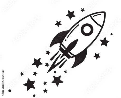 A simple rocket ship icon launching into space among stars. Minimalist black and white graphic element representing business startup, success, and technological progress