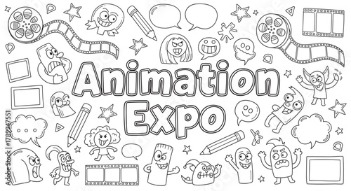 Animation expo lettering with funny cartoon characters and monsters. Doodle style coloring page for a creative festival or cinema event. Hand drawn black and white line art