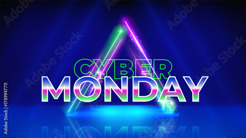 Cyber monday neon offer poster. Special offer sale. Neon triangular frame. Stage blue background. Cyber monday concept, advertising. Sale, promotion banner. Vector illustration