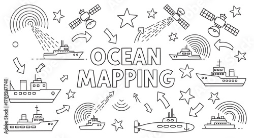 Ocean mapping line art collection with research vessels and satellites. Hydrographic survey and bathymetry icons showing sonar and communication for seafloor exploration