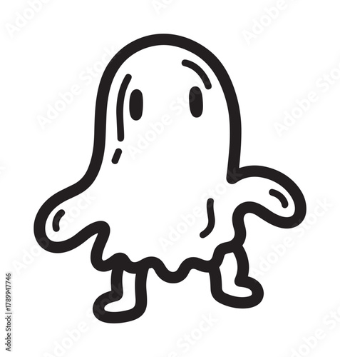 Cute ghost character in a simple doodle style. Hand drawn icon of a friendly phantom for halloween decoration. Minimalist black and white sketch isolated for easy use