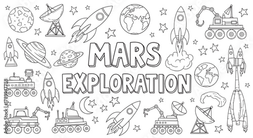 Mars exploration coloring page with various space elements. Doodle set includes rockets, planets, stars, and rovers. Kids educational activity banner with line art icons