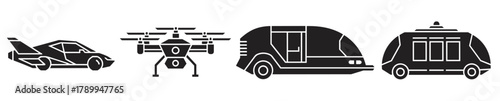 Futuristic transportation icon set showing advanced vehicle concepts. Includes a flying car, passenger drone, and autonomous electric shuttle for smart city mobility