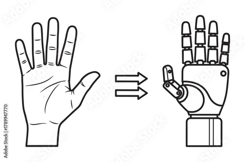 Human hand transforming into a robotic arm symbolizing technological evolution. Concept of artificial intelligence, bionics and future prosthetics in a minimalist outline style