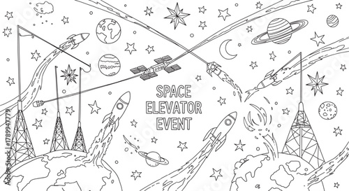 Futuristic space elevator event concept with rockets launching from planets in a galaxy. Hand drawn doodle style coloring page banner for cosmic travel and exploration themes
