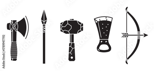 Viking weapon and equipment icon set for fantasy or historical themes. This collection features a battle axe, spear, war hammer, drinking horn, and a bow with arrow