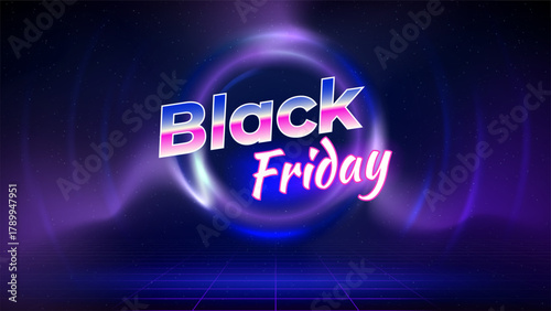 Black friday offer banner, neon color. Sale poster, promotion. Stage, laser grid, circular light frame, wireframe, dark blue background. Black friday synthwave concept. Space text, copy paste. Vector