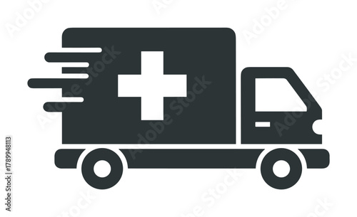 Medical delivery van icon moving quickly with a cross symbol. Minimalist pictogram for pharmacy shipping, hospital logistics, and fast healthcare support services concept