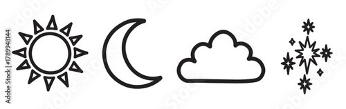 Hand drawn weather icons collection featuring sun moon cloud and stars. Minimalist black outline symbols representing day and night cycle concepts for creative design