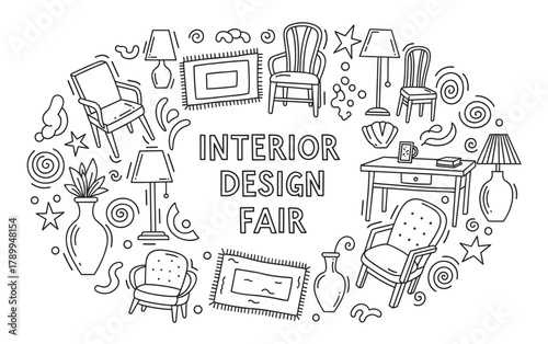 Interior design fair concept with a collection of hand drawn furniture and home decor items. Doodle style outline drawing for a home furnishing expo or decoration event banner