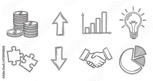 Hand drawn business icon set for finance and marketing. Doodle collection of money, growth chart, idea lightbulb, puzzle, handshake and data analysis symbols