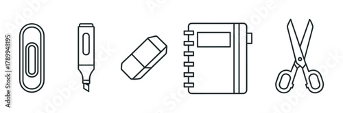 Outline icons of essential office and school supplies. A collection of stationery tools for education and business use. Minimalist design elements perfect for web and print projects