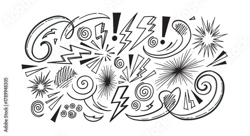 Energetic hand drawn doodle elements. Dynamic lightning bolts, starbursts, and expressive swirls create visual impact. Ideal for comic style designs and attention-grabbing content