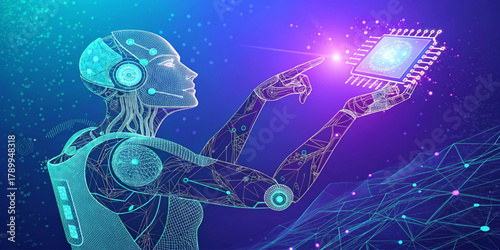 Futuristic visual of AI microchips meeting the human mind, Neon blue and purple abstract circuitry illustrates machine learning, neural networks, and technological development by miniaturized engineer