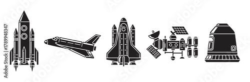 Space exploration icon set with various spacecraft and rockets. Collection includes a space shuttle, satellite, and crew capsule silhouettes for science and technology design