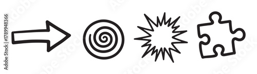 Hand drawn doodle icon set with an arrow, spiral, explosion and puzzle piece. Abstract symbols representing a creative process, problem solving and new ideas