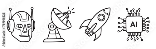 Futuristic technology icon collection in a minimal outline style. Set includes a robot head, satellite dish, space rocket, and an artificial intelligence microchip symbol