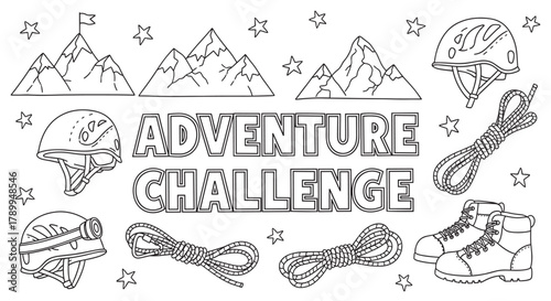 A collection of mountain climbing equipment in a simple doodle style. Adventure challenge lettering with outline icons of helmets, ropes, boots and mountains for coloring pages