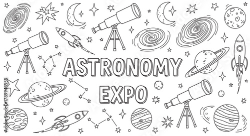 Outline drawing of space elements and celestial bodies. Doodle style collection features telescopes, planets, rockets, and stars. Ideal for science education or event promotion