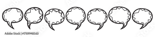 Set of hand drawn speech bubbles with jagged lines for shouting or surprise. Doodle style comic book dialogue balloons for communication concepts and graphic design elements