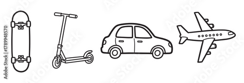 Simple black outline icons of various transportation methods. This collection features a skateboard, scooter, car, and airplane for travel and movement concepts